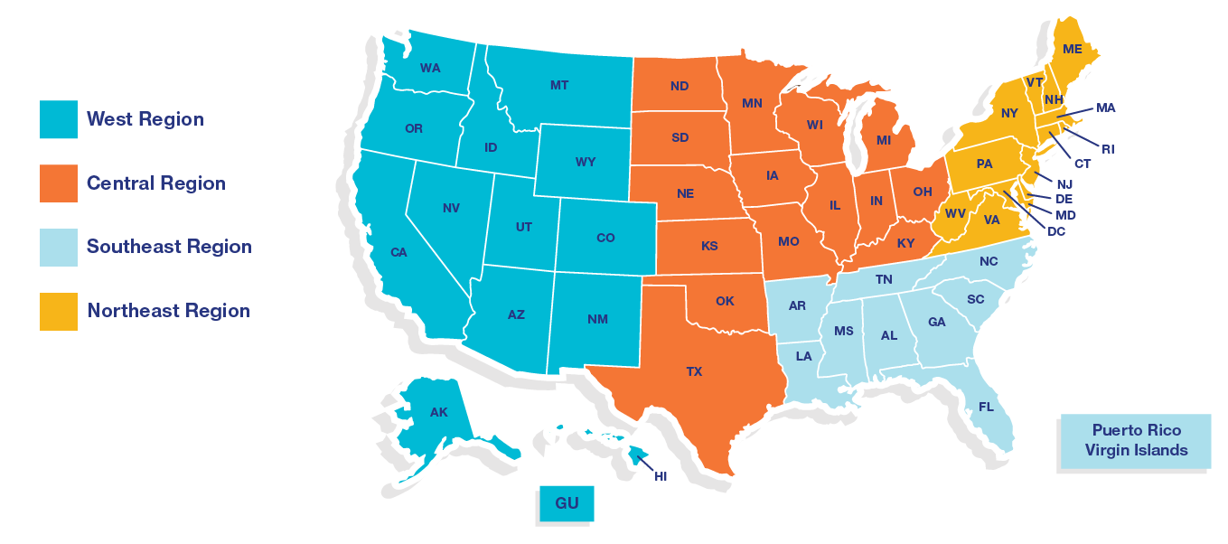 Map of United States depicting practice regions with email contacts for West we_packetrequest@uhc.com, Central ce_packetrequest@uhc.com, Southeast se_packetrequest@uhc.com, Northeast ne_packetrequest@uhc.com