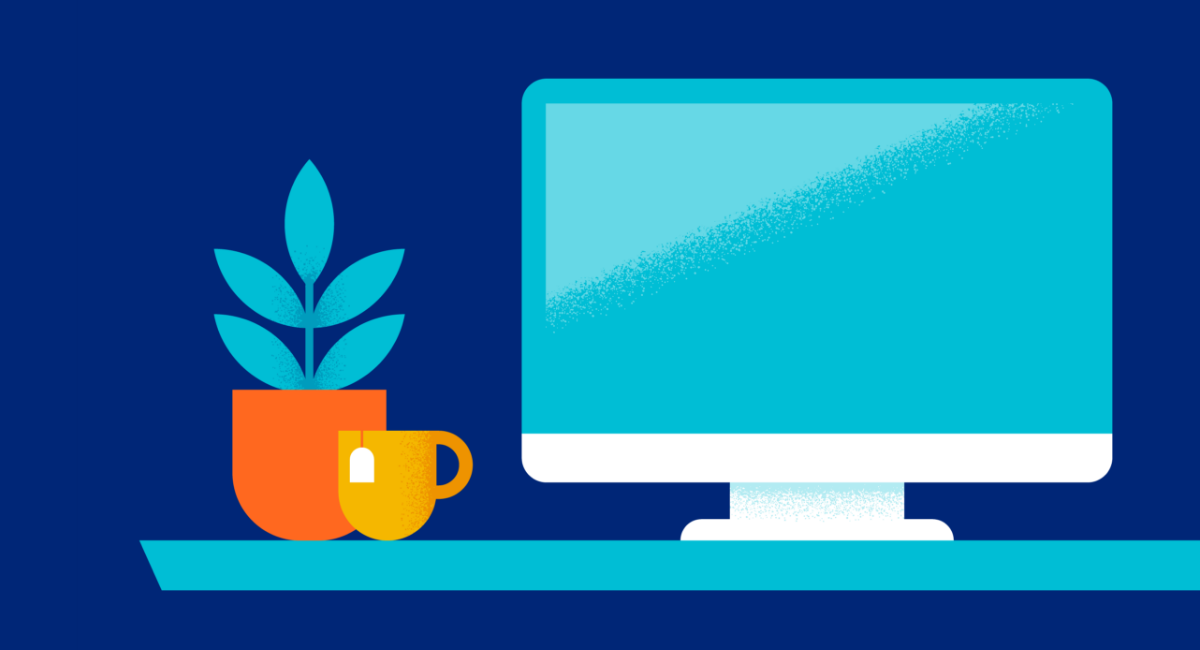 Desk setup: teal computer screen, orange plant pot, yellow teacup.